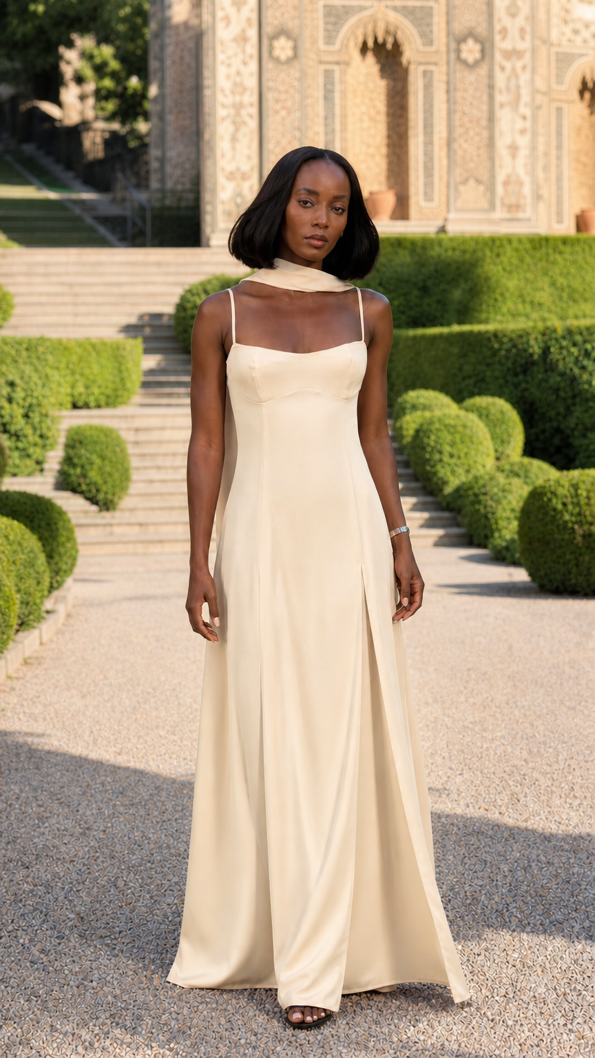 Woman wearing champagne cream spaghetti strap maxi dress with matching scarf