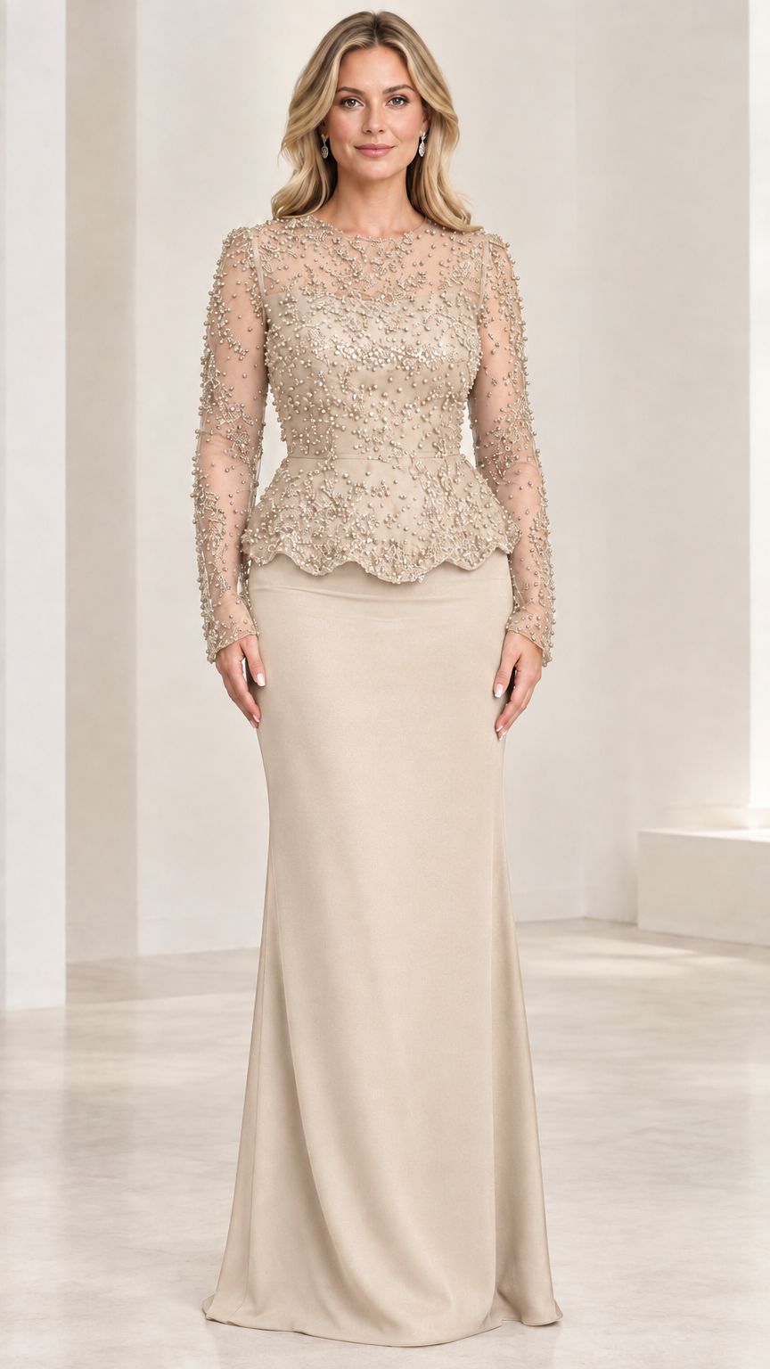 Front view of champagne beige beaded peplum long sleeve formal dress