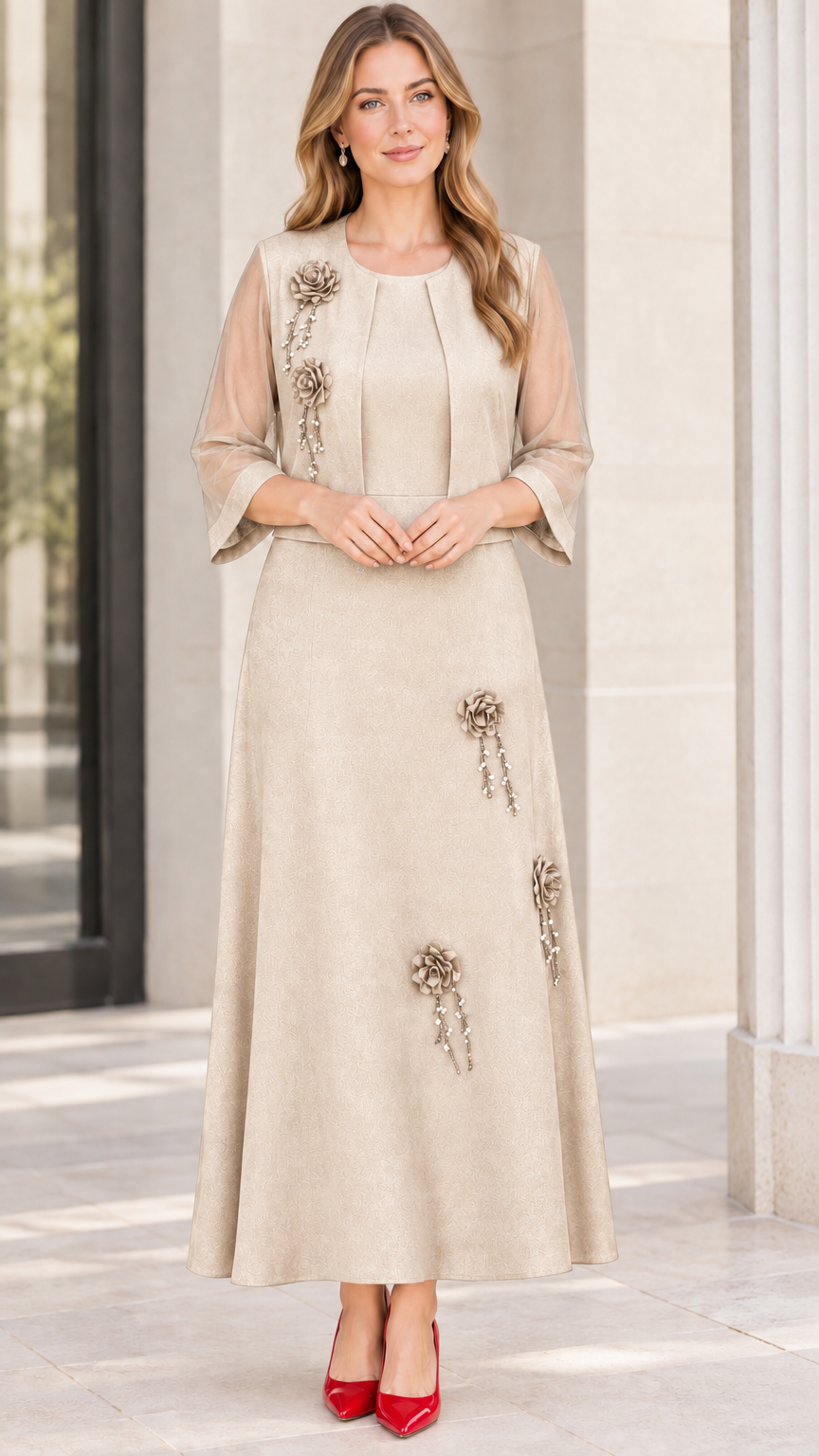 Champagne beige two-piece maxi dress set with sheer jacket and floral details