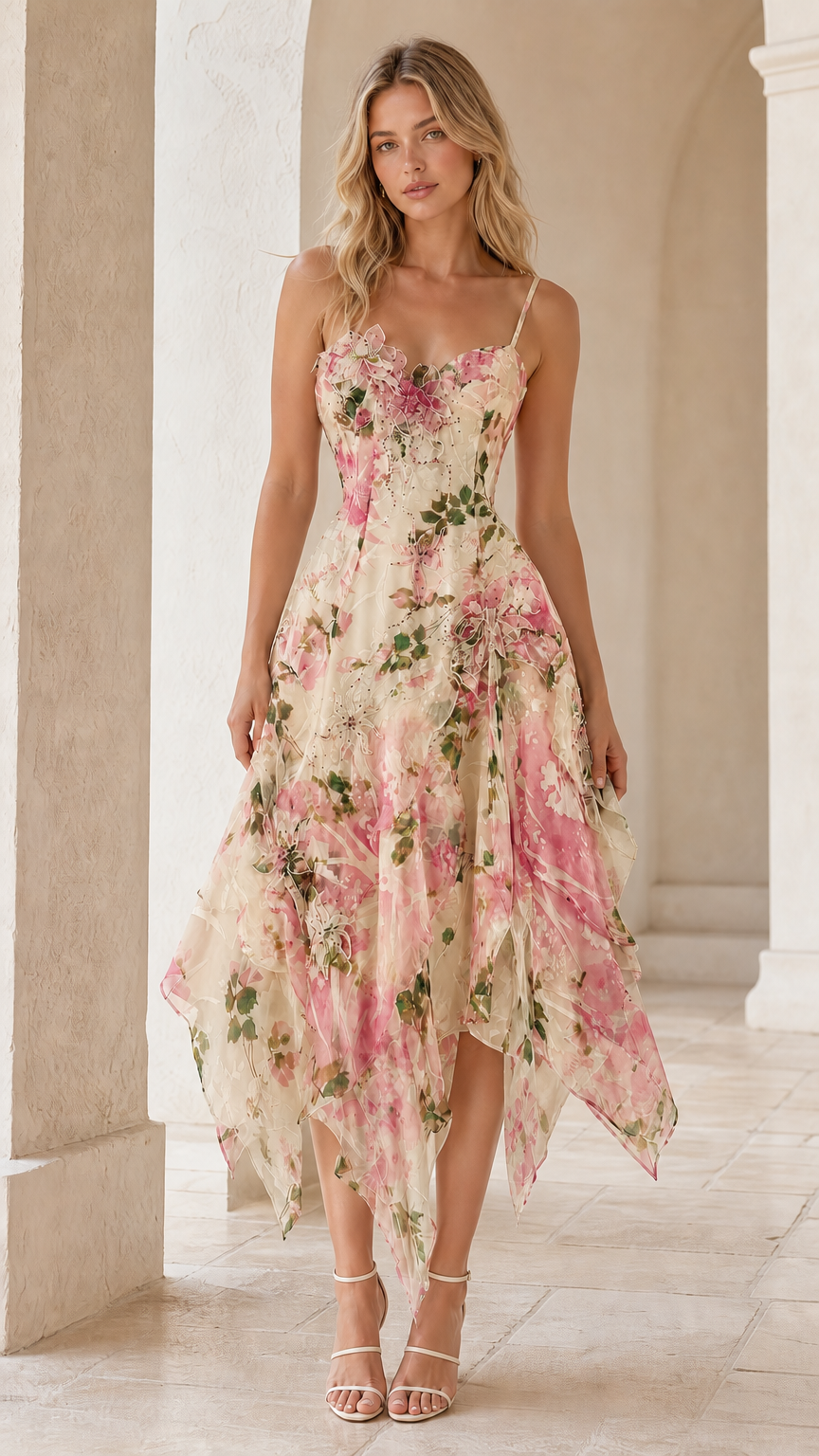 Model wearing champagne cream floral asymmetric handkerchief midi dress