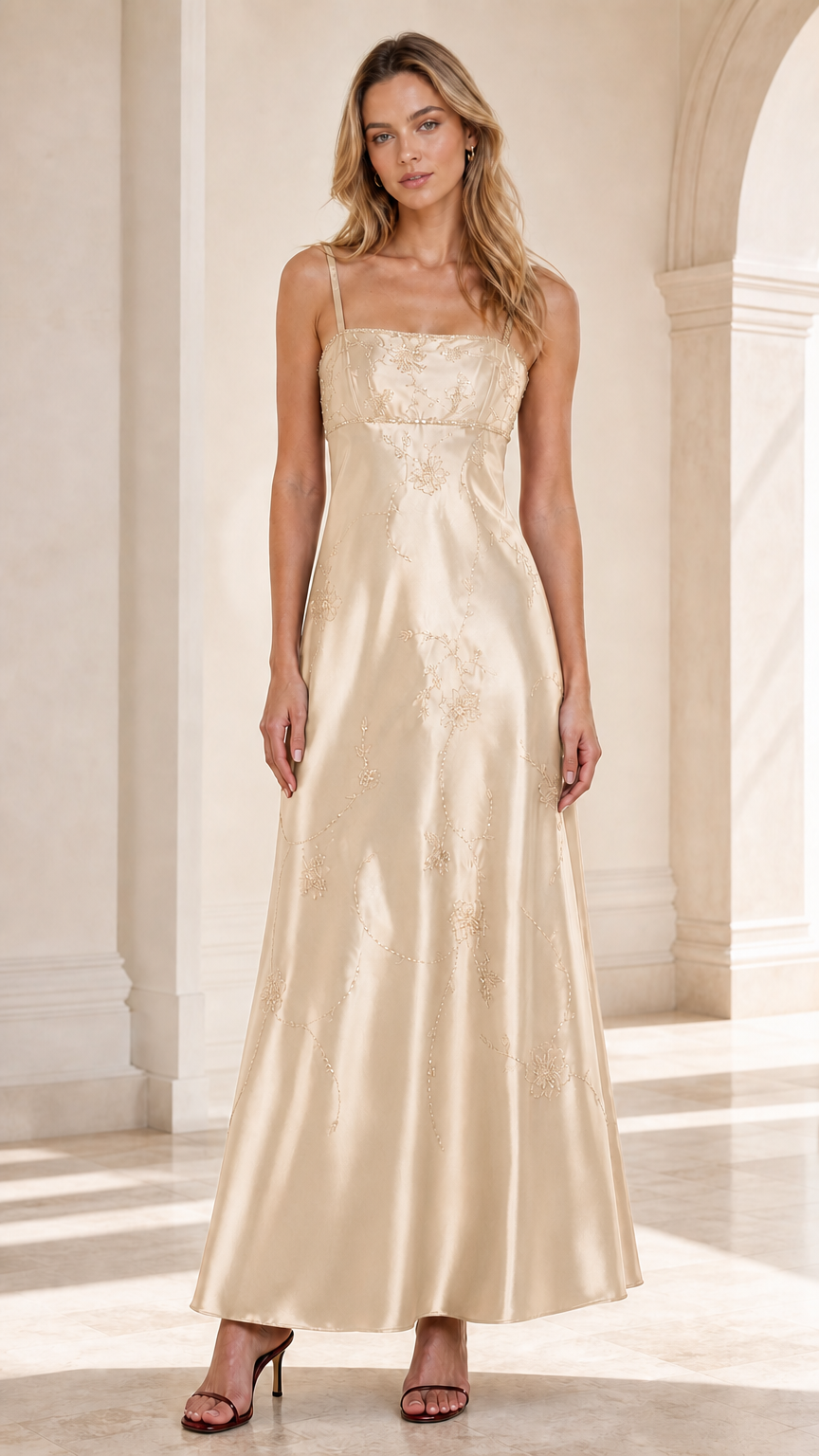 Front view of woman wearing Champagne gold embroidered satin maxi dress