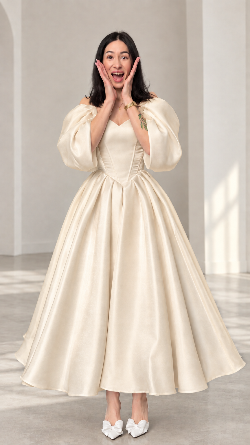 Front view of a woman wearing a champagne cream off-shoulder puff sleeve ball gown