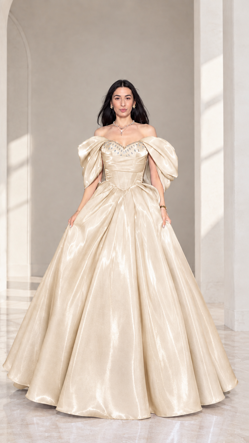 Front view of model wearing champagne gold off-shoulder beaded corset ball gown