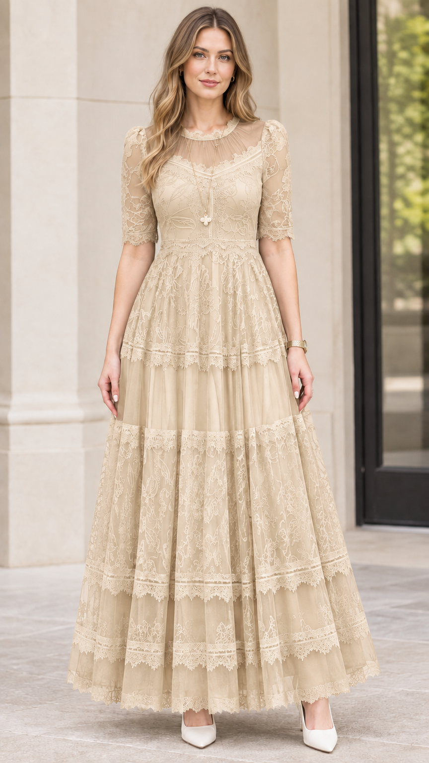 Front view of champagne beige floral lace tiered maxi dress
