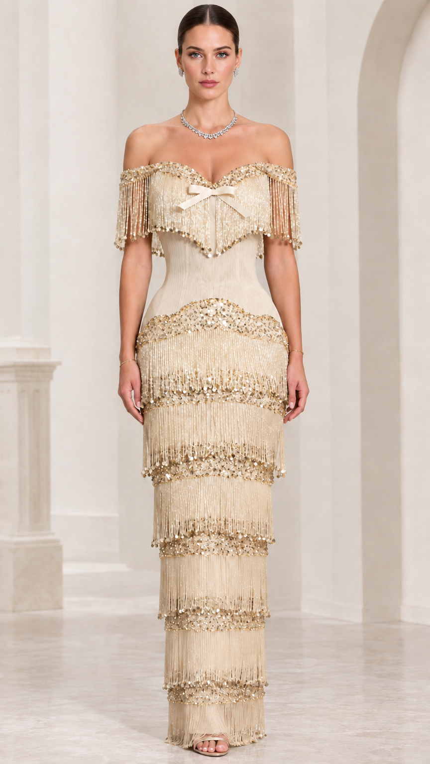 Model wearing champagne off-shoulder tiered fringe sequin formal gown
