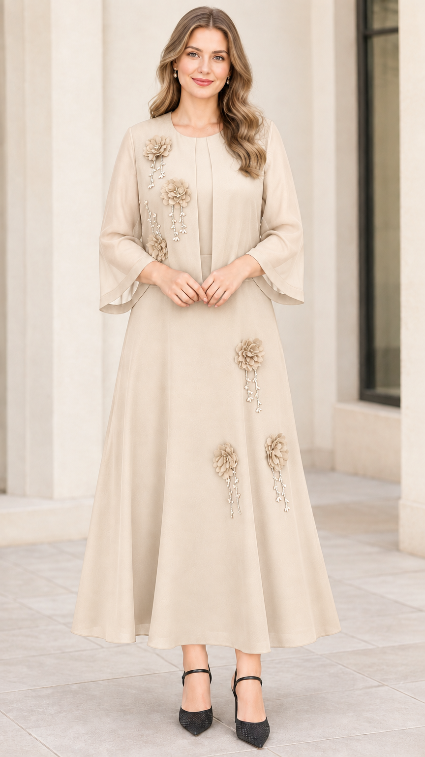 Full front view of champagne beige floral appliqué chiffon formal maxi dress and jacket set