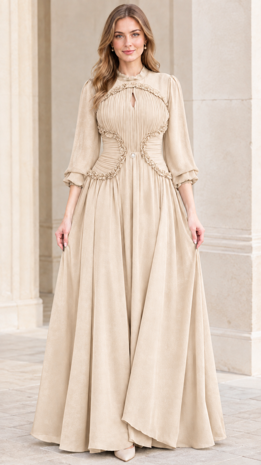 Beige long sleeve pleated evening maxi dress front view