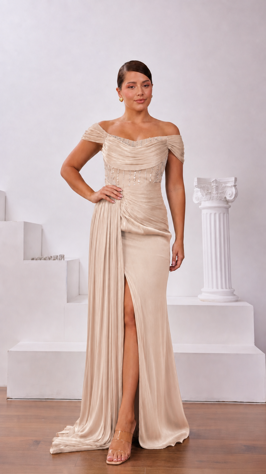 Champagne nude off-the-shoulder formal maxi gown with slit and embellished waist
