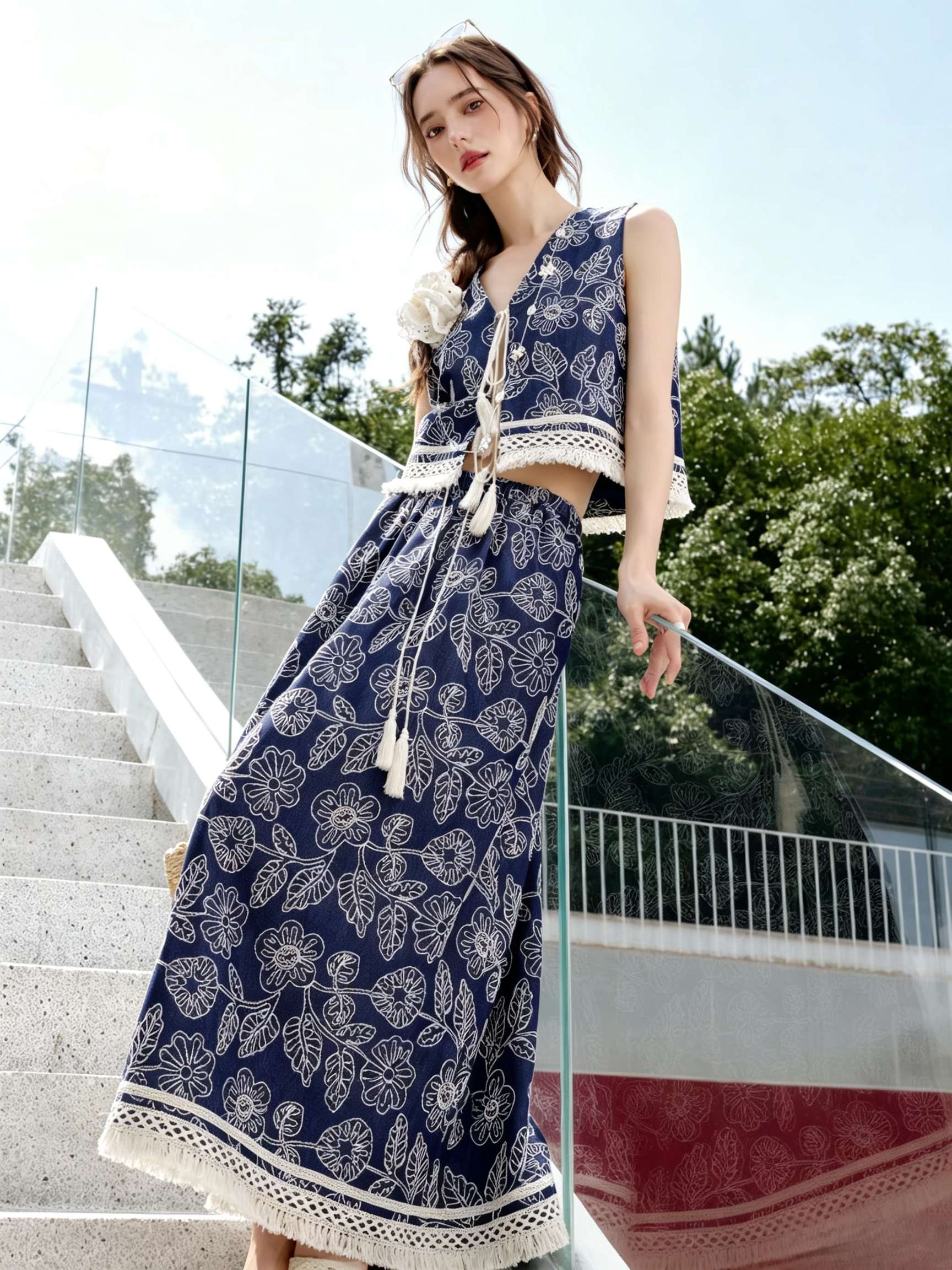 Navy Floral Printed Two Piece Set