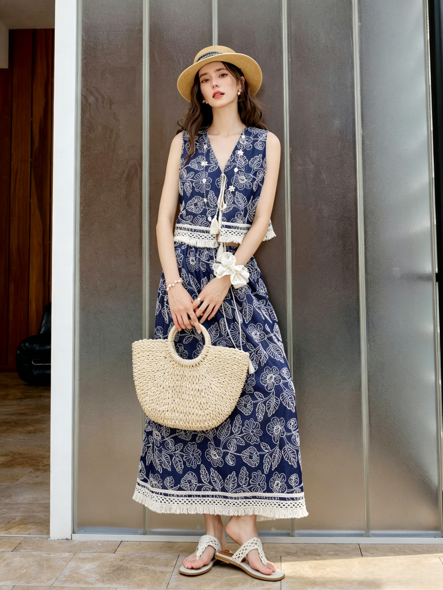 Navy Floral Printed Two Piece Set