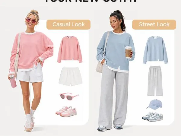 Fisoew Women's Fake Two Piece Layered Sweatshirt, Crew Neck White Ribbed Cuff & Hem Patchwork Drop Shoulder Oversized Long Sleeve Pullover Top Hoodie Hoodie Fit Casual