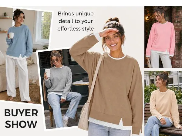 Fisoew Women's Fake Two Piece Layered Sweatshirt, Crew Neck White Ribbed Cuff & Hem Patchwork Drop Shoulder Oversized Long Sleeve Pullover Top Hoodie Hoodie Fit Casual