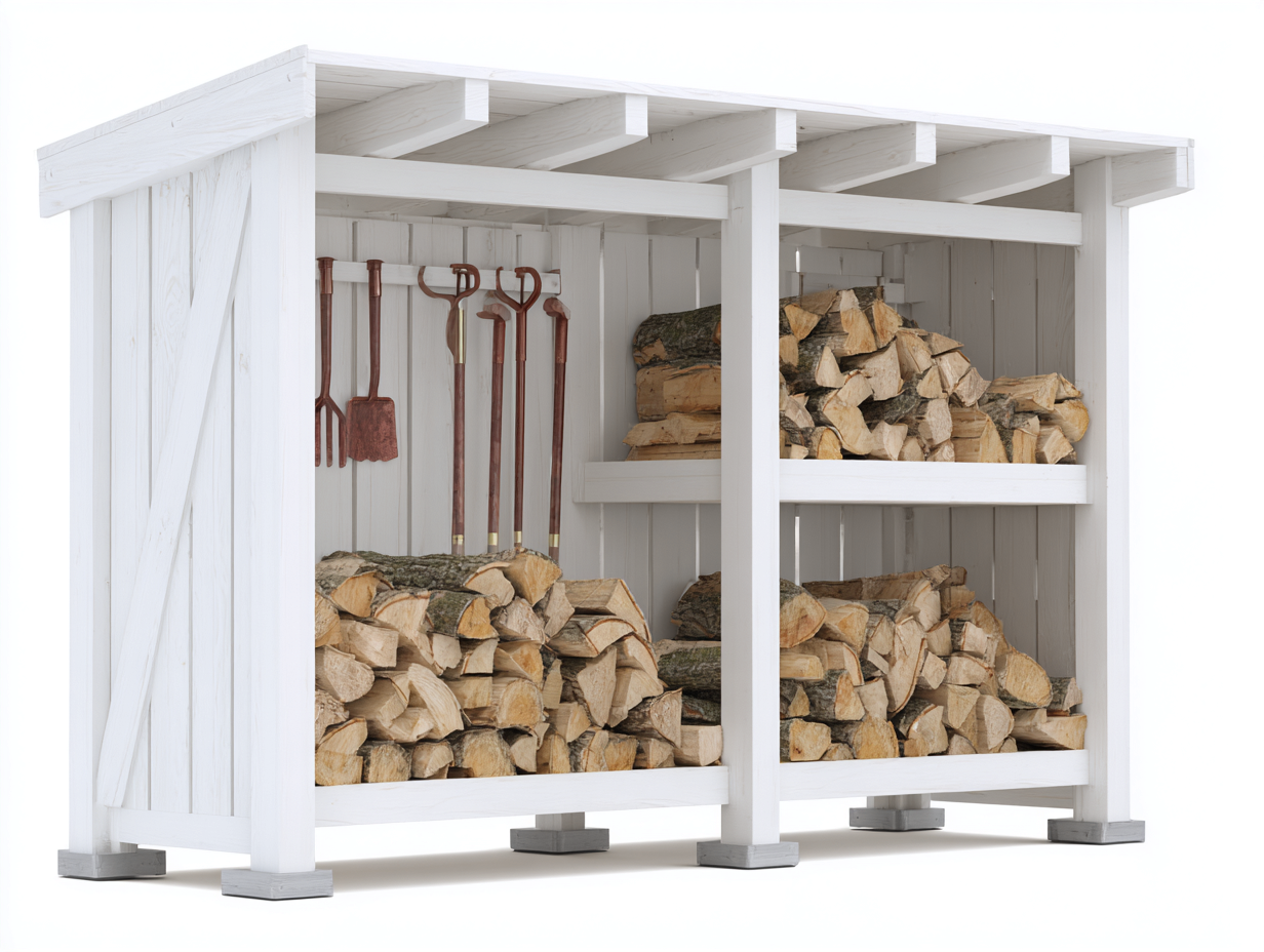 Leñero de exterior madera maciza blanco 200x70x180 cm diseño abierto doble compartimento-Donozahome