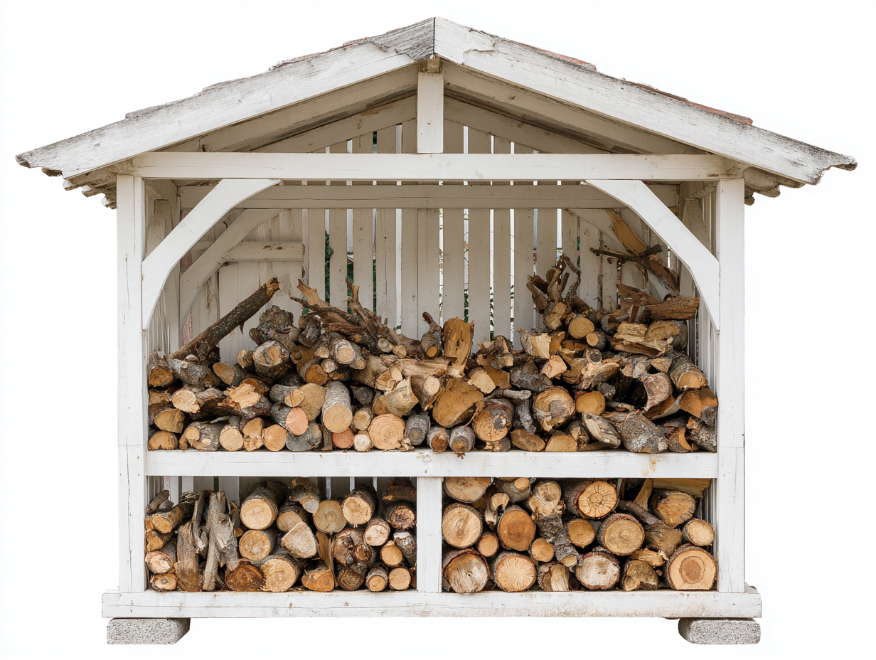 Leñero de exterior de madera 220x120x200 cm blanco estilo rústico con techo inclinado para jardín y almacenamiento de leña-Donozahome