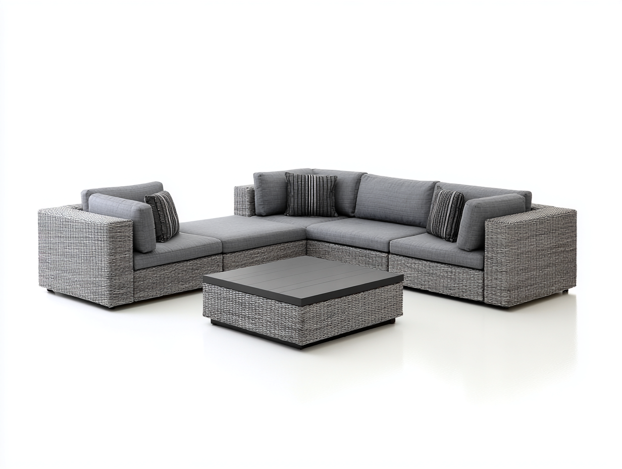 Sofás de exterior - Conjunto de sofá de exterior modular ratán gris con mesa central 240x240x75 cm estilo moderno para terraza y jardín-Donozahome