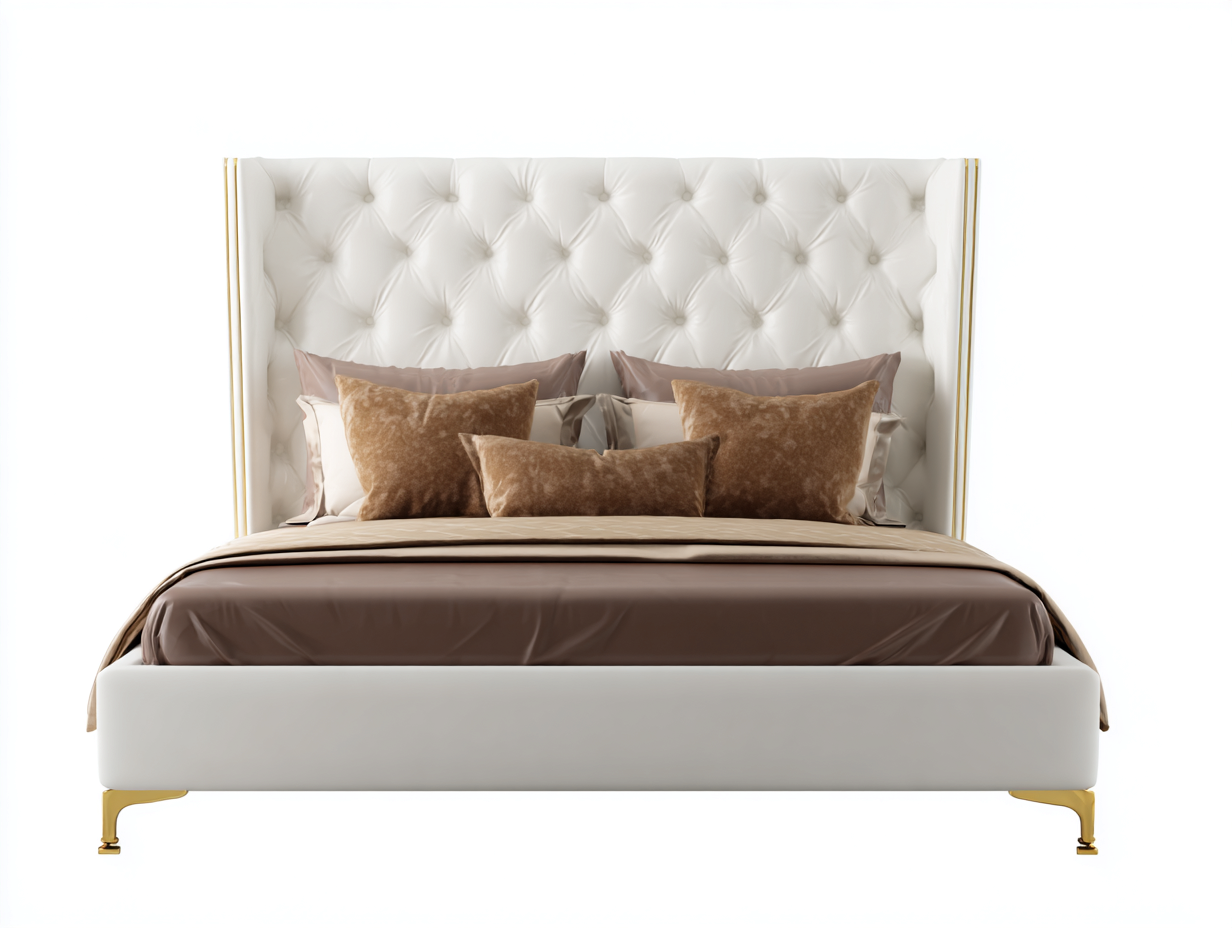 Camas dobles - Cama tapizada piel sintética blanca cabecero capitoné alto estilo lujo con detalles dorados 180x200 cm dormitorio elegante-Donozahome