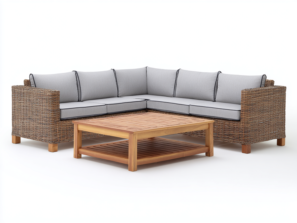 Sofás de exterior en ratán 240x180x75 cm con mesa de centro 80x80x40 cm estilo moderno para terraza y jardín-Donozahome