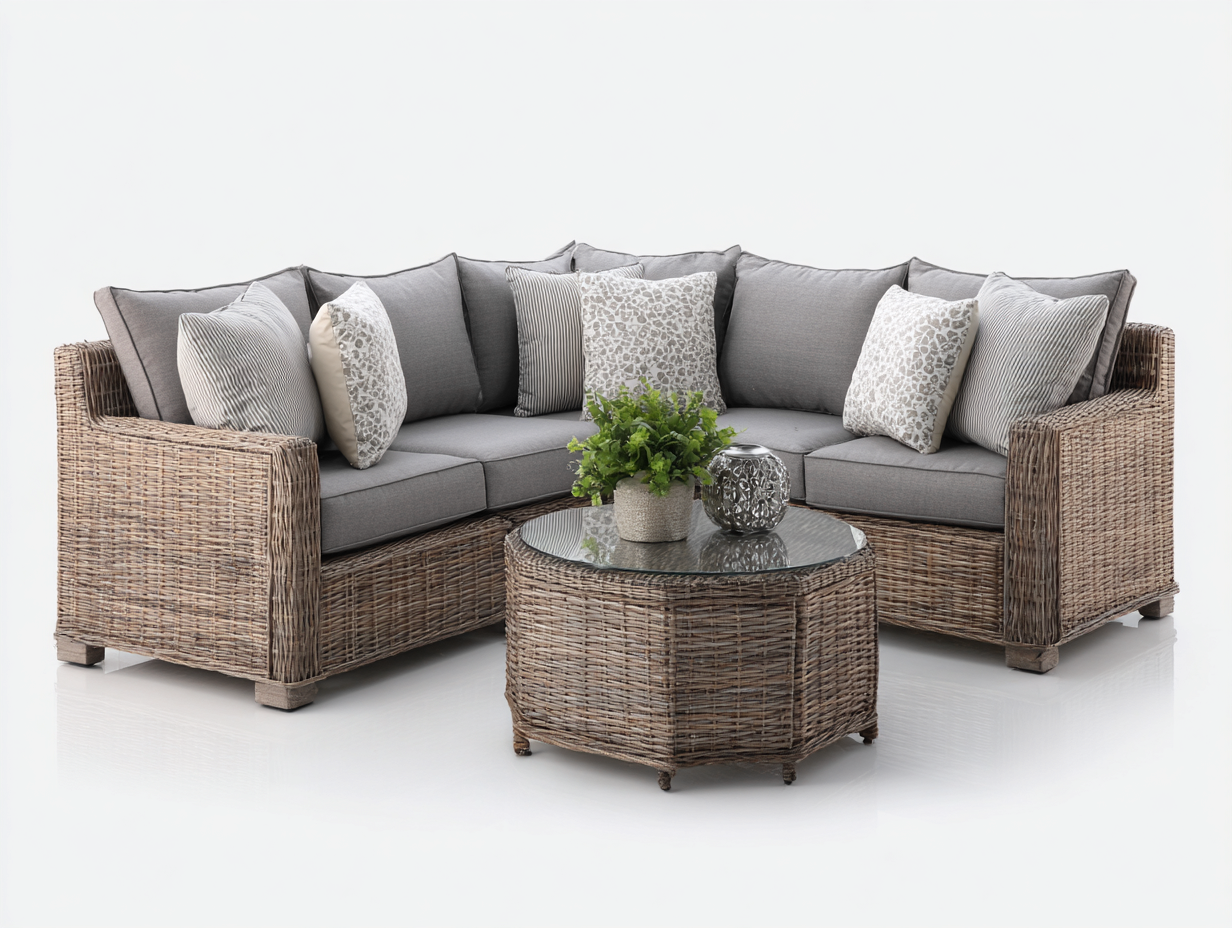 Sofás de exterior de ratán natural 280x280x75 cm - Beige-Gris - Con mesa redonda de cristal - Diseño modular-Donozahome