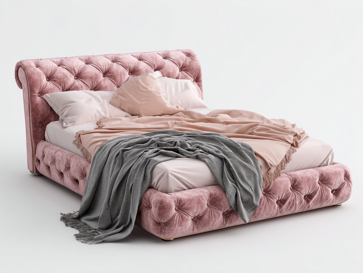 Camas dobles - Cama tapizada terciopelo rosa acolchado cabecero capitoné 160x200 cm estilo elegante dormitorio-Donozahome