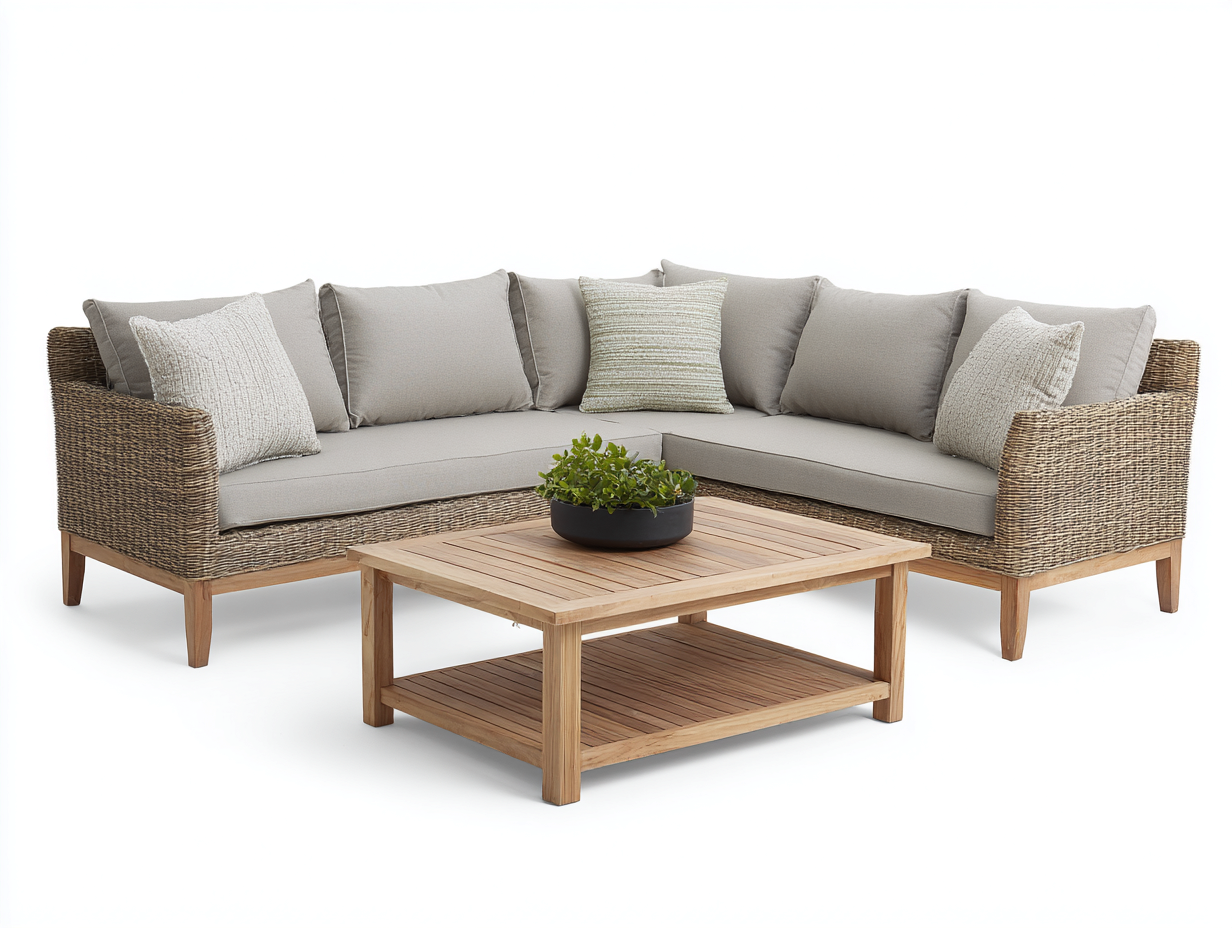 Sofás de exterior - Conjunto de sofá de exterior en ratán beige en forma de L con mesa de madera 260x260x75 cm estilo moderno para terraza y jardín-Donozahome