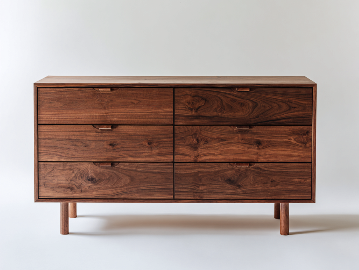 Cómodas - Cómoda de madera nogal 6 cajones 140x40x80 cm estilo moderno con patas elevadas para dormitorio y salón-Donozahome