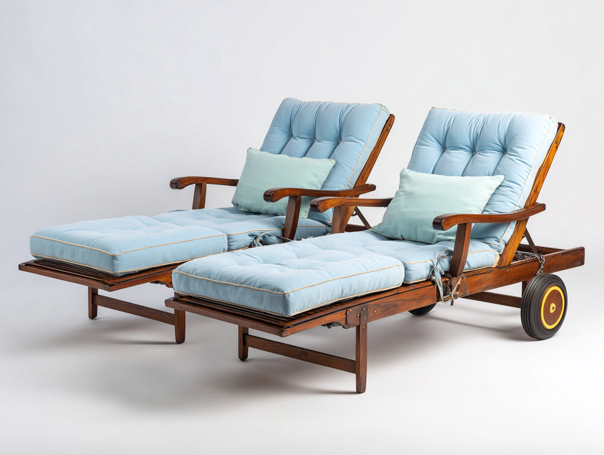 Tumbonas - Conjunto de 2 tumbonas de exterior de madera con ruedas y cojín azul estilo clásico 180x65x85 cm para jardín y terraza-Donozahome