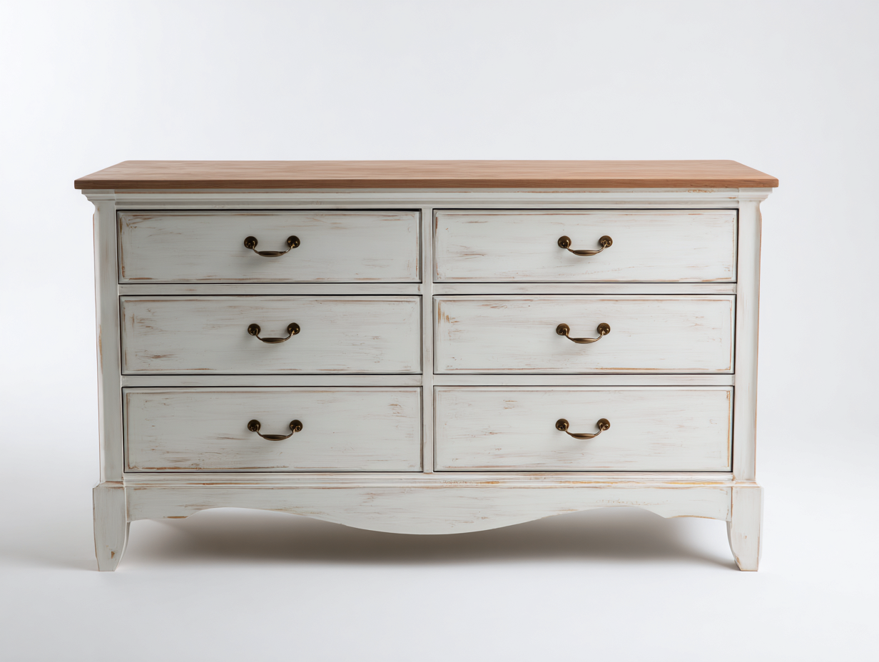 Cómodas de madera - 6 cajones - 140x45x82 cm - Blanco envejecido-Roble natural - Estilo rústico-Donozahome