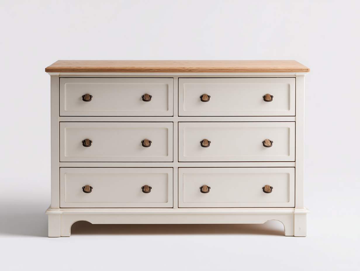 Cómodas de madera 120x45x85 cm - blanco crema y roble natural - estilo rústico con 6 cajones-Donozahome