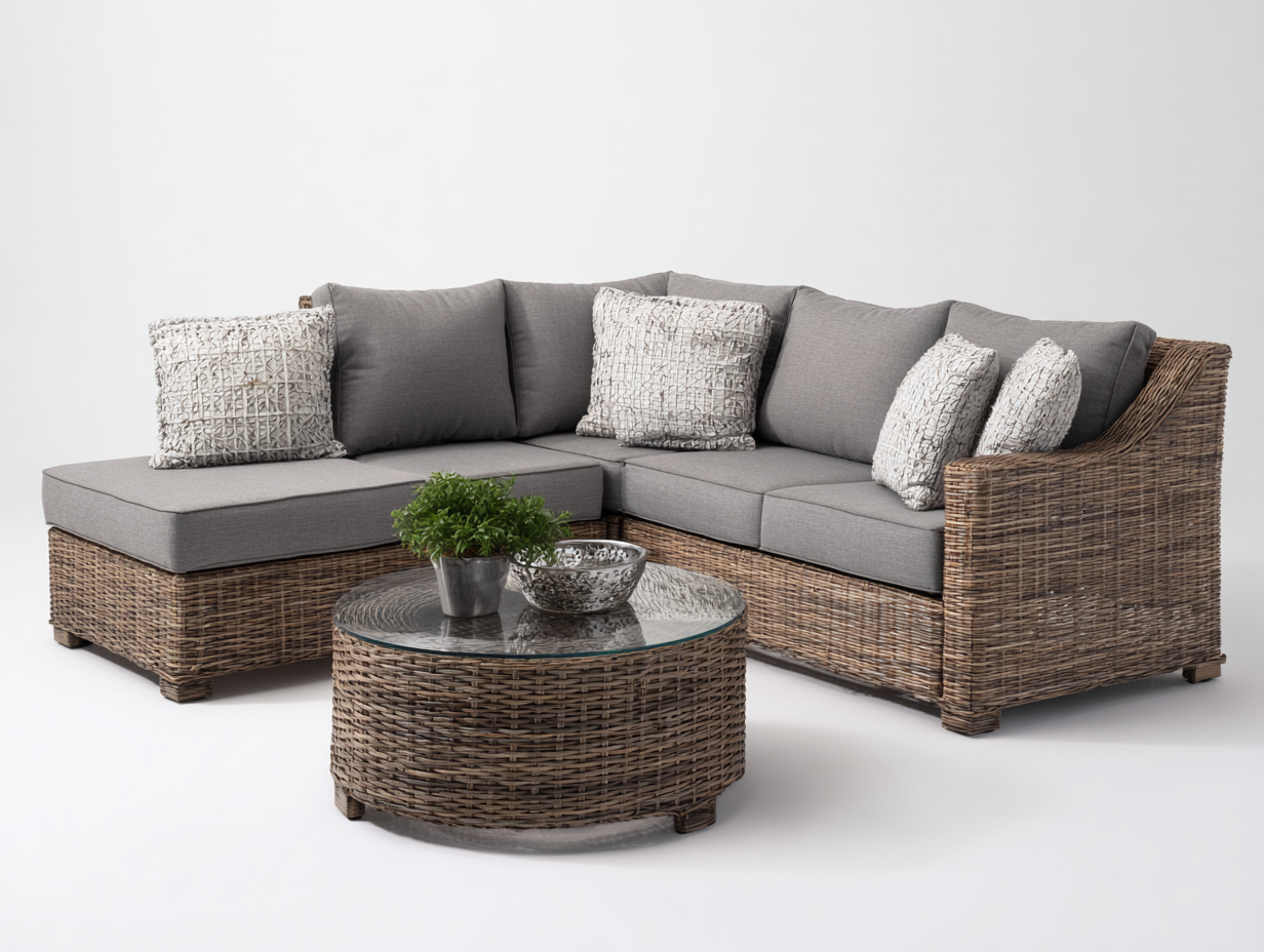 Sofás de exterior de ratán 260x260x70 cm marrón natural gris diseño esquinero con mesa de centro de vidrio-Donozahome
