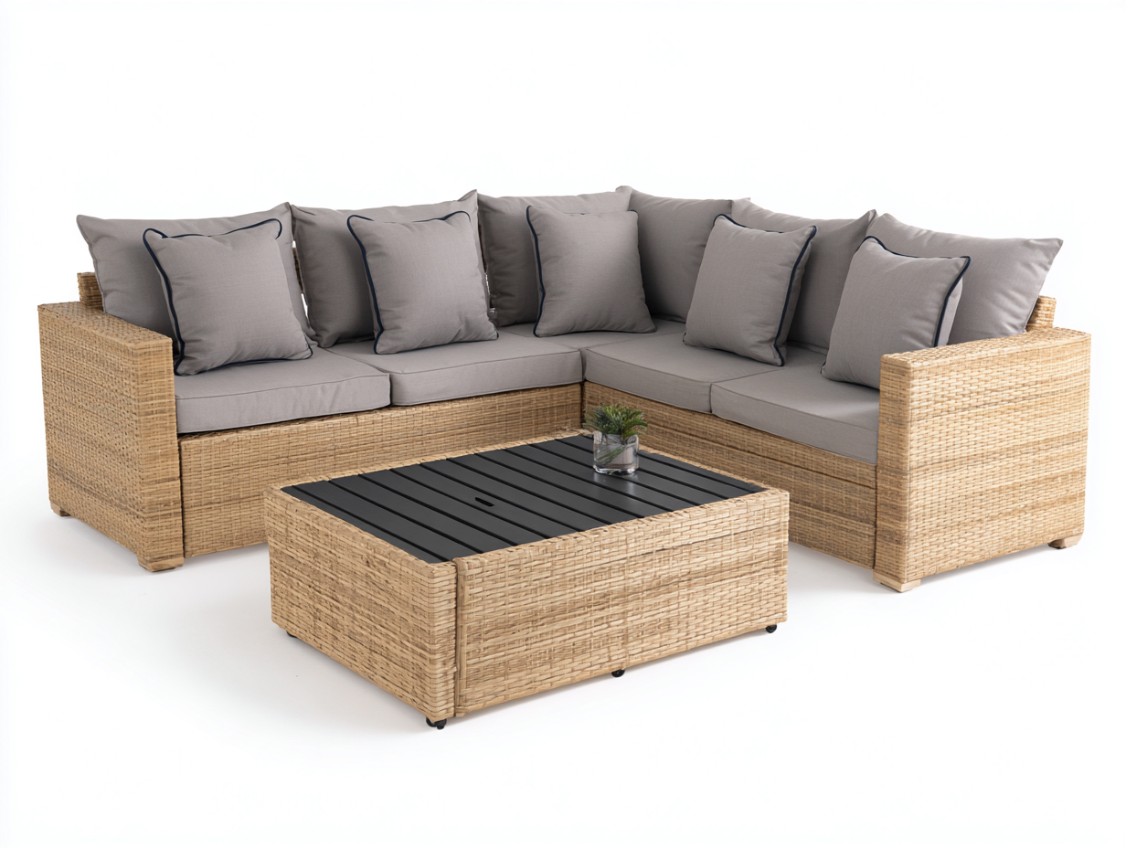 Sofás de exterior de ratán sintético 250 x 250 x 76 cm - Beige - Con mesa de centro para jardín-Donozahome
