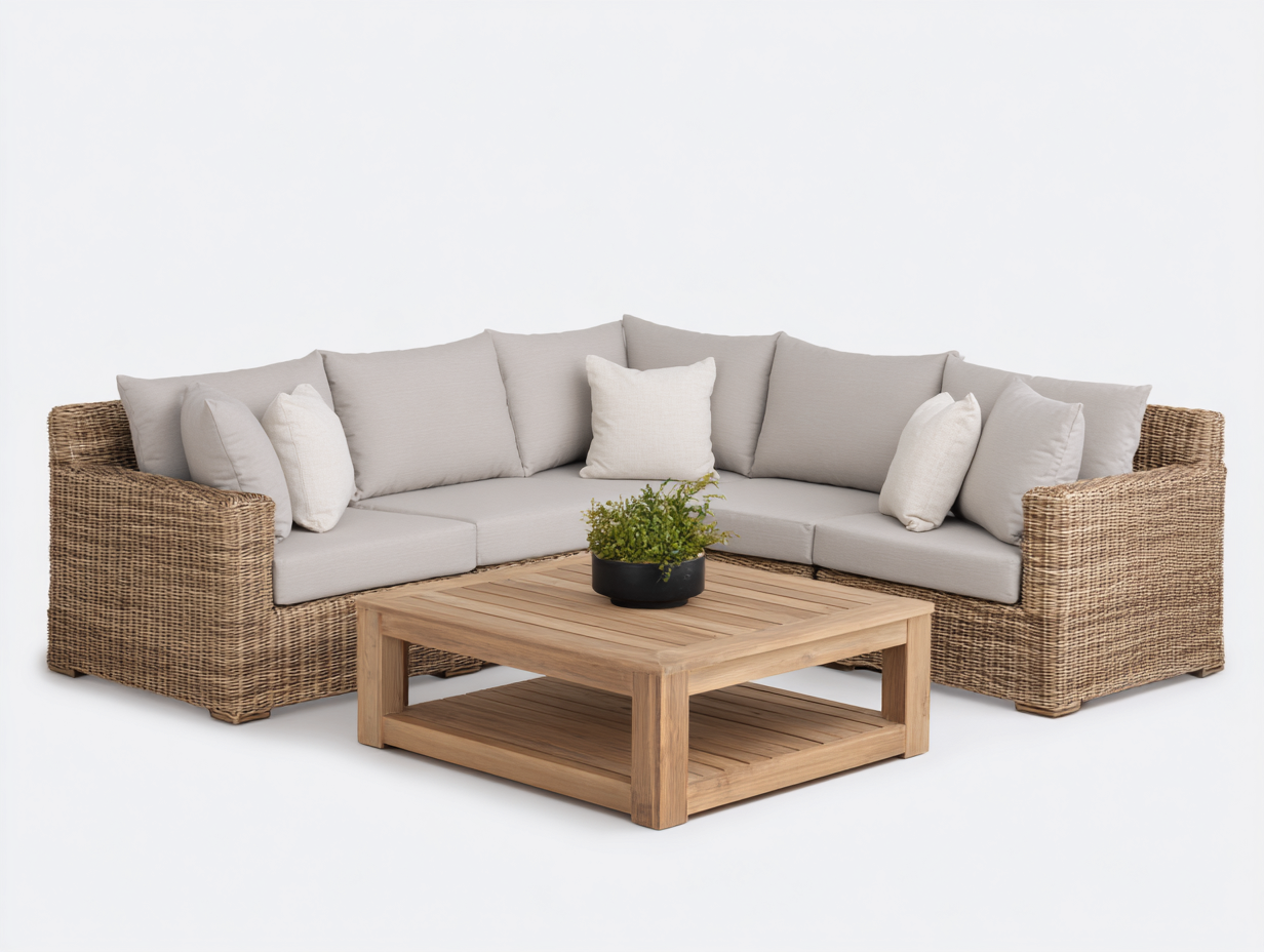 Sofás de exterior de ratán 240x240x75 cm con mesa de centro 90x90x40 cm estilo moderno para terraza y jardín-Donozahome
