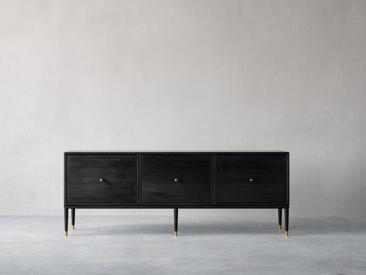 Mueble recibidor madera maciza 160x40x75 cm negro diseño minimalista con 3 cajones estilo moderno-Gamiialiving
