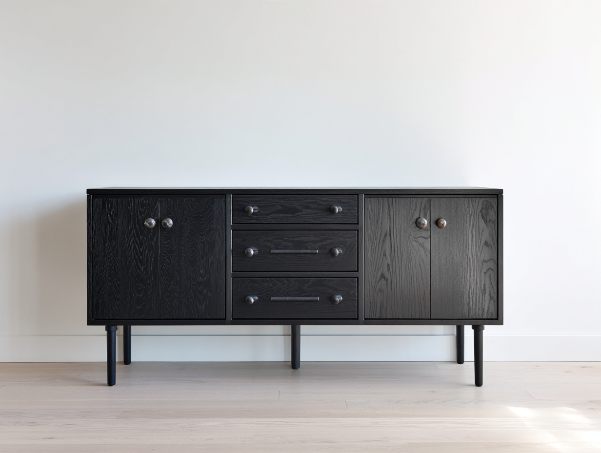 Mueble recibidor - Aparador de entrada madera negra con 4 puertas y 3 cajones estilo moderno 160x40x80 cm diseño elegante para salón y pasillo-Gamiialiving