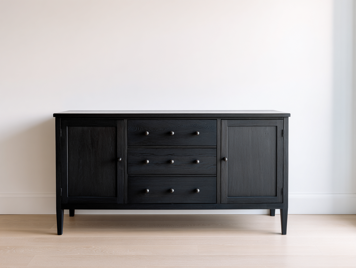 Mueble recibidor madera maciza 140x40x80 cm negro gris oscuro diseño moderno con 2 puertas y 3 cajones-Gamiialiving