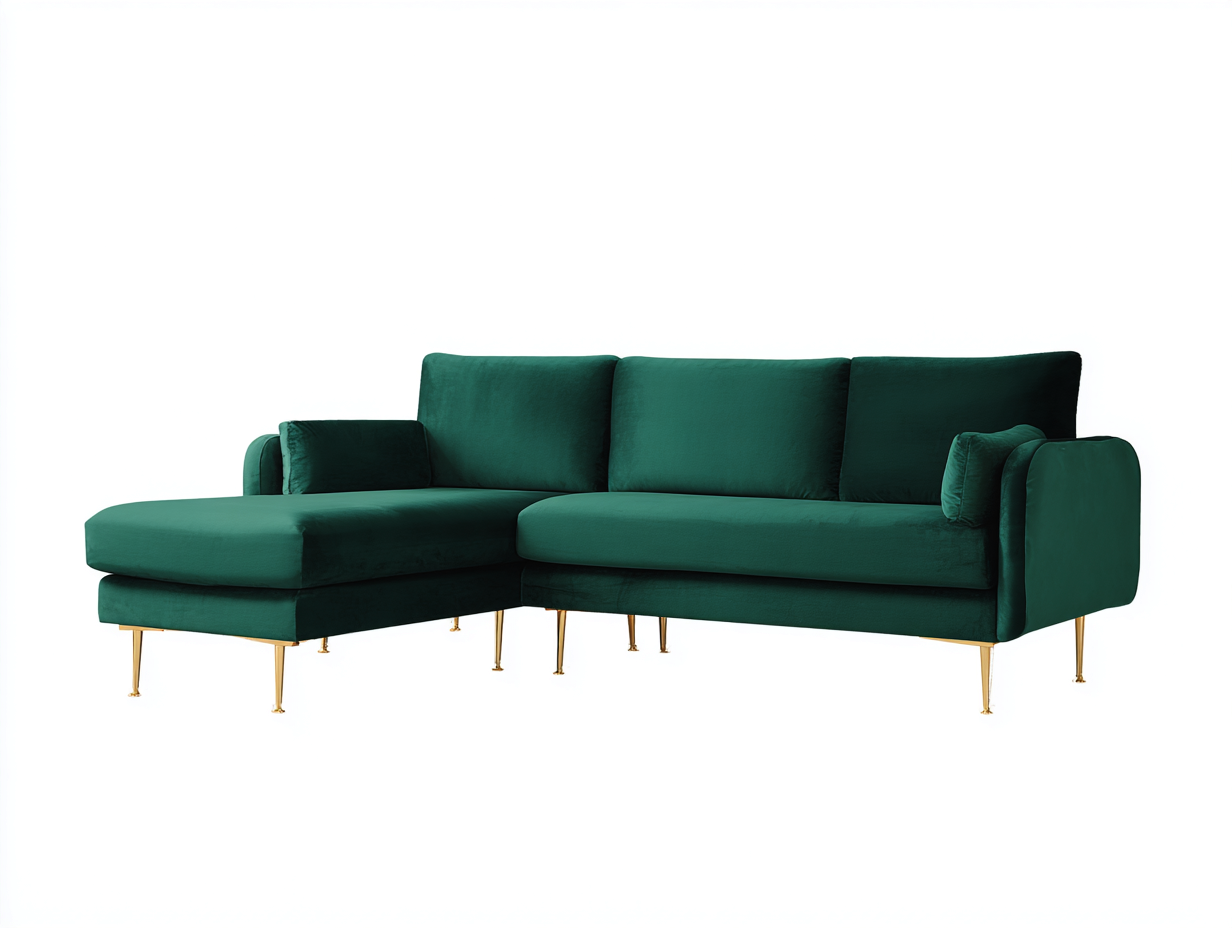 Sofás de esquina terciopelo verde oscuro 260x160x85 cm - Verde oscuro-Dorado - Diseño moderno con chaise longue y patas metálicas doradas-Jalagadecor