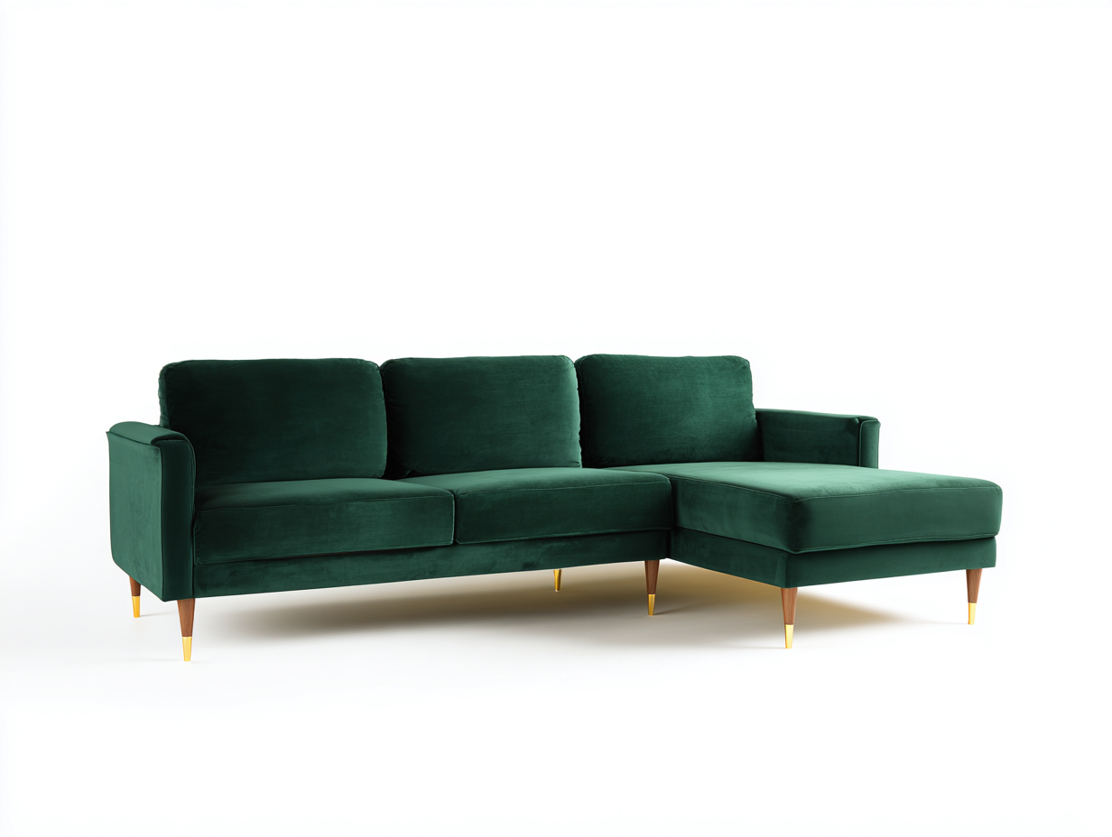Sofás de esquina terciopelo verde oscuro 260x160x85 cm - Verde oscuro-Madera natural - Diseño moderno con patas de madera y detalle dorado-Jalagadecor