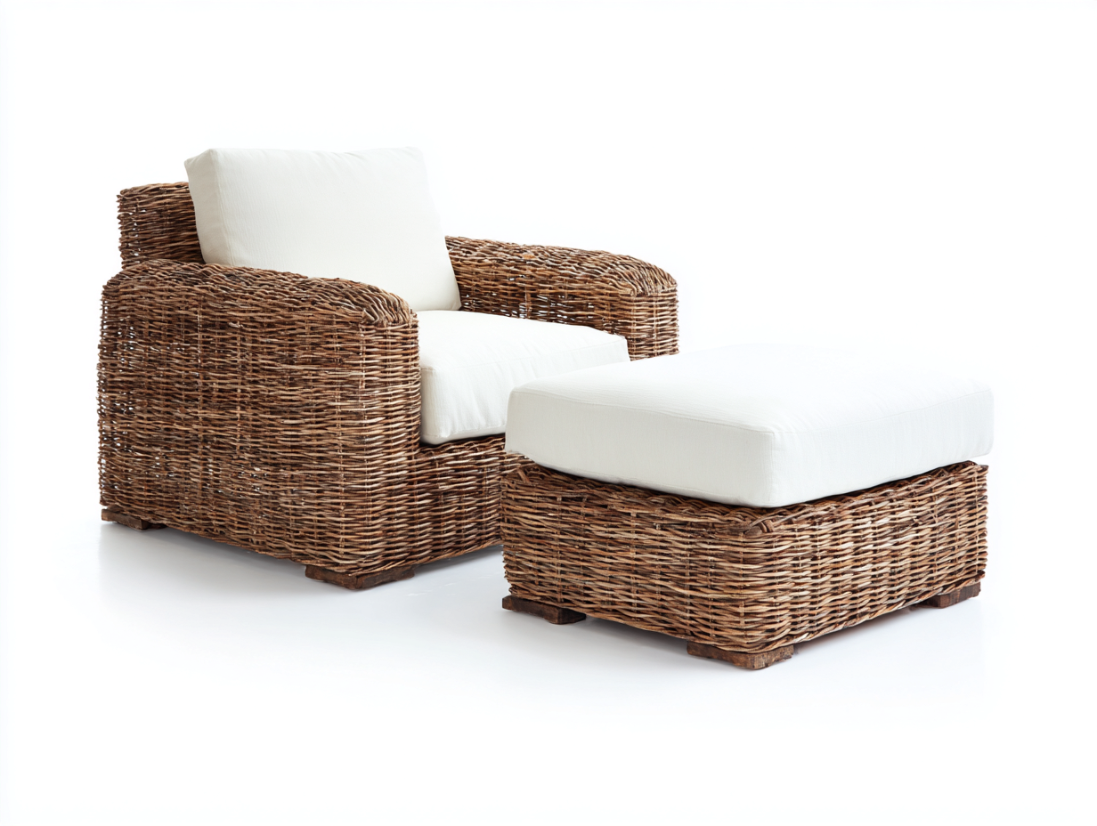 Sillones de ratán de jardín con reposapiés tejido natural color marrón con cojines blancos 80x75x75 cm - 60x50x40 cm diseño exterior terraza-Jalagadecor