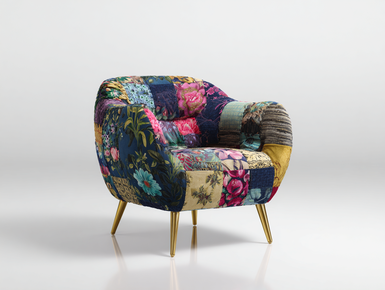 Sillones de salón tapizado multicolor estilo patchwork con patas doradas 75x70x75 cm diseño moderno decorativo interior-Jalagadecor