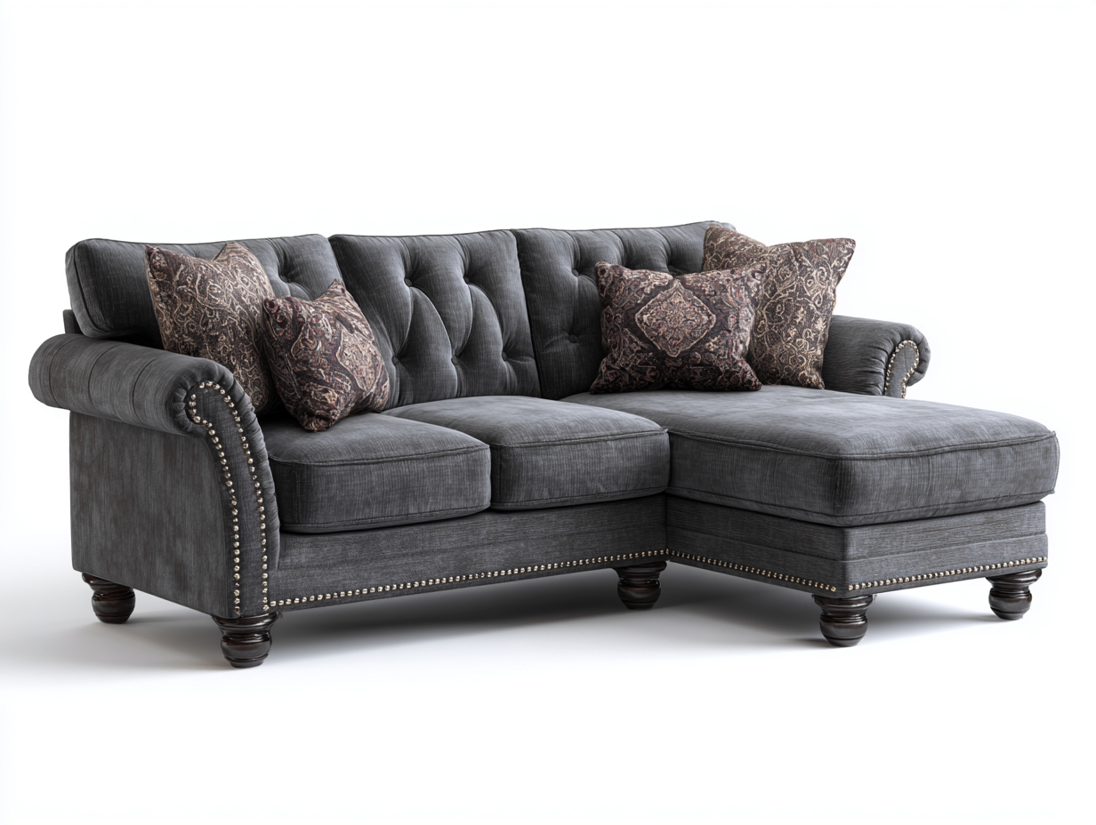 Sofás de esquina terciopelo gris oscuro 280x170x85 cm - Gris oscuro - Diseño clásico capitoné con patas talladas-Jalagadecor
