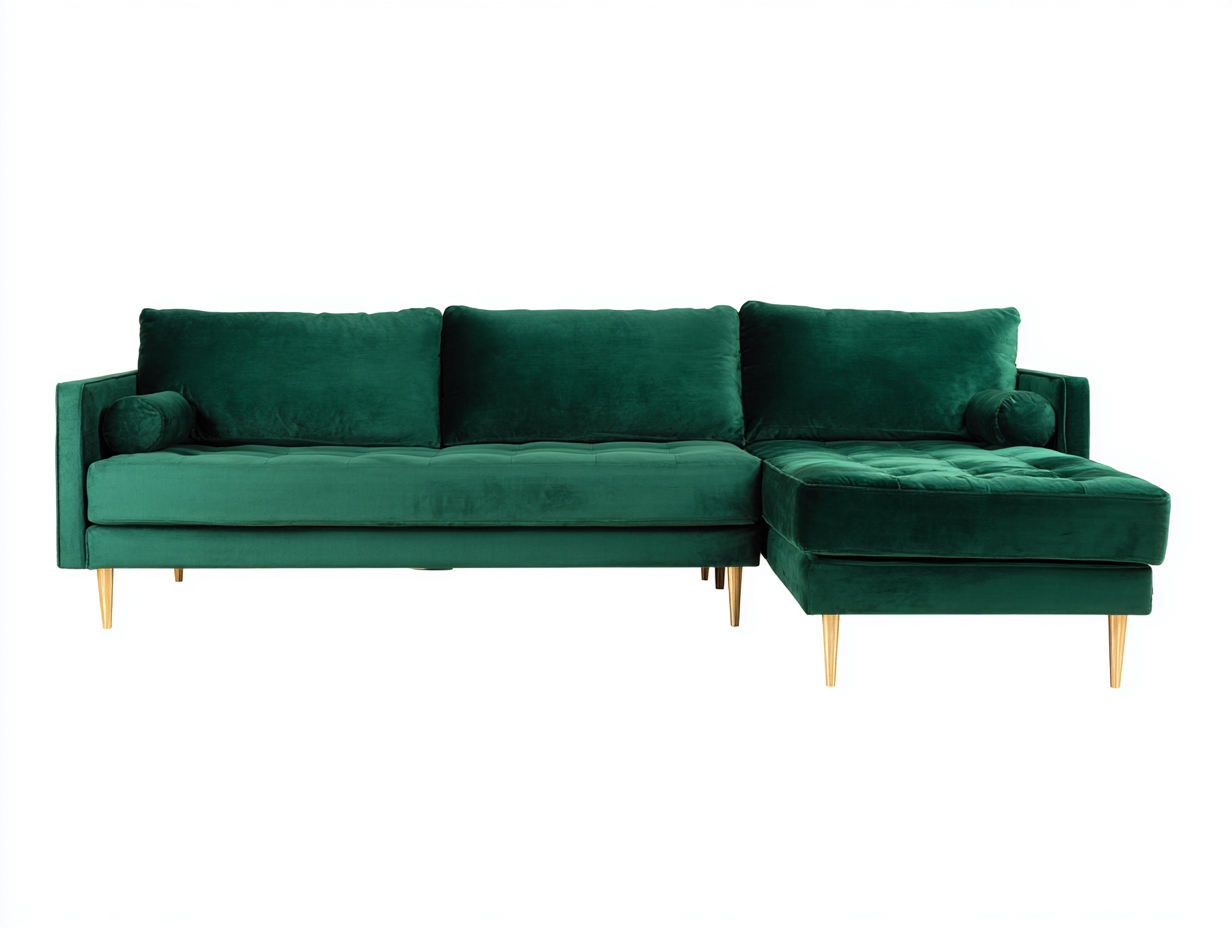 Sofás de esquina terciopelo verde oscuro 250x160x85 cm - Verde oscuro-Dorado - Diseño moderno con chaise longue y patas metálicas doradas-Jalagadecor