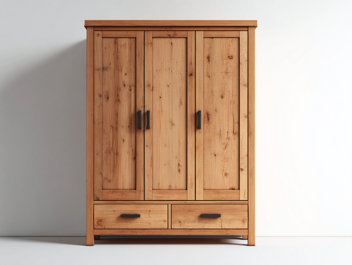 Armario de madera natural 130x52x190 cm roble claro estilo moderno rustico para dormitorio con 3 puertas y 2 cajones-Mimihahome