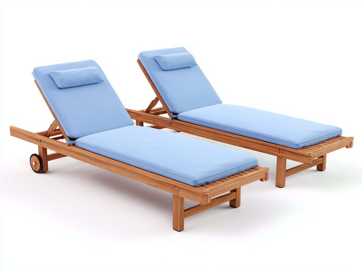 Tumbonas de madera 200x70x85 cm - Marrón natural-Azul claro - Set de 2 con ruedas - Respaldo regulable-Mimihahome