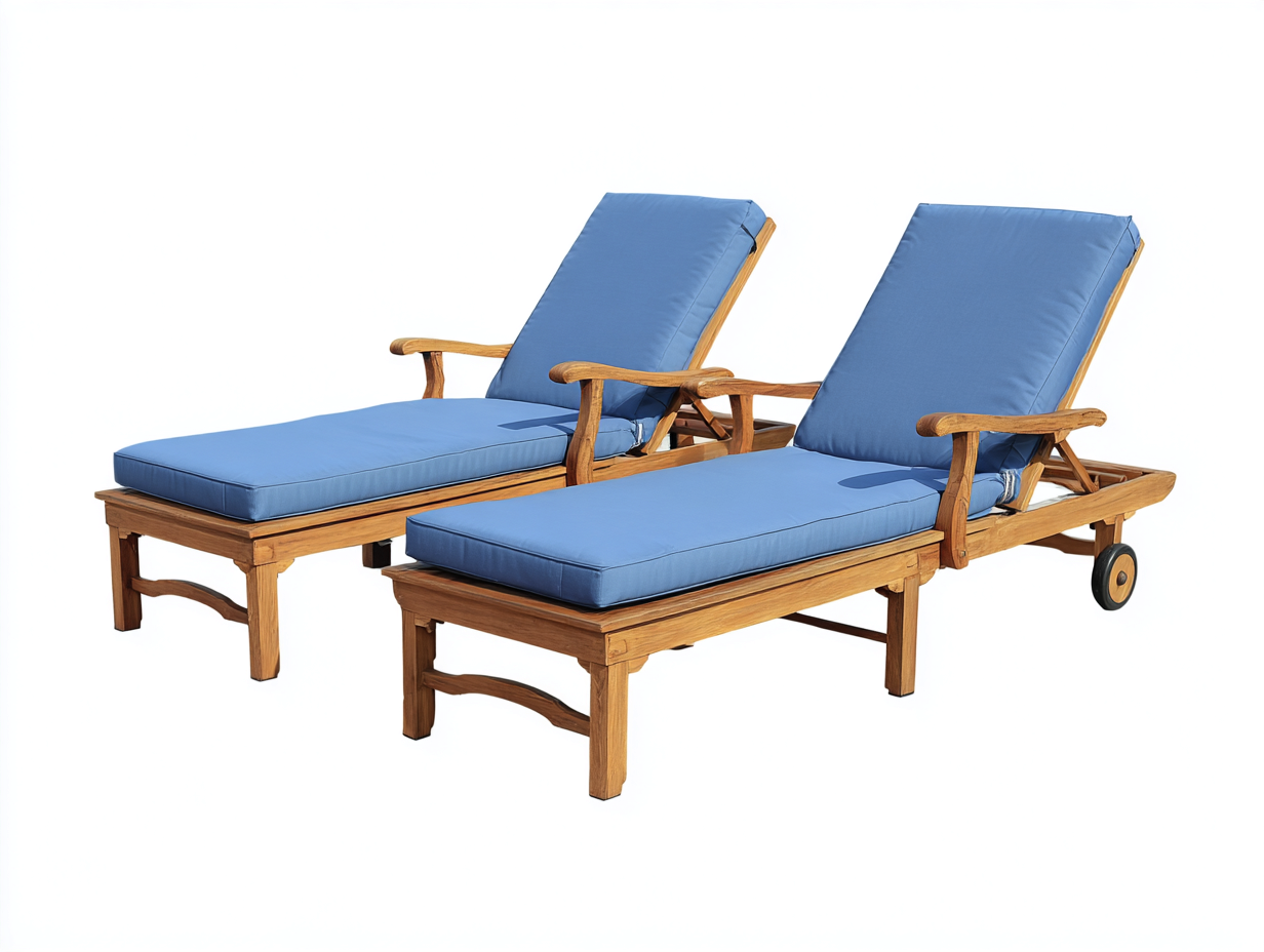 Tumbonas de jardín madera maciza con cojín azul 200x65x95 cm reclinables estilo clásico con ruedas exterior-Mimihahome