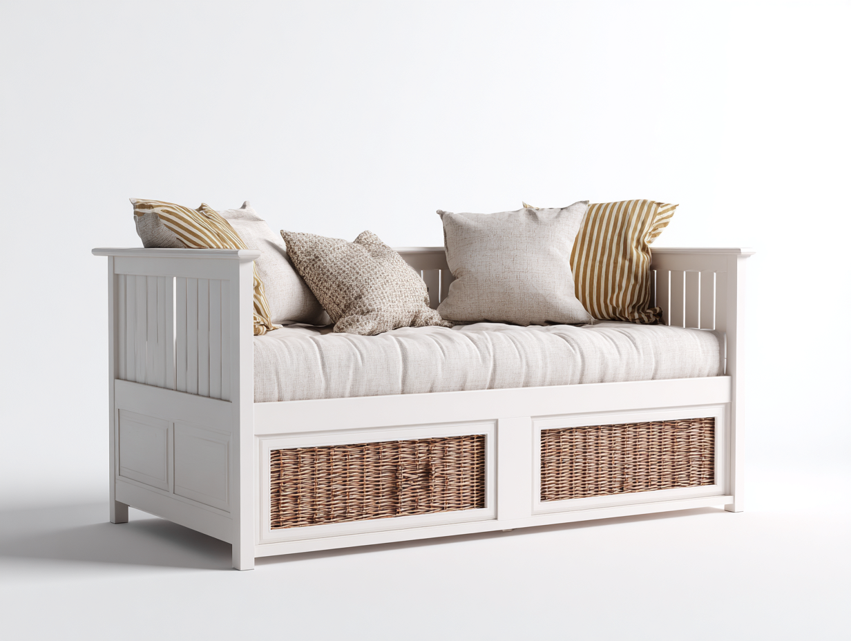 Sofás cama de madera maciza y ratán tejido estilo banco con almacenaje interior diseño nordico blanco 180x80x70 cm uso salon moderno-Nativohaus