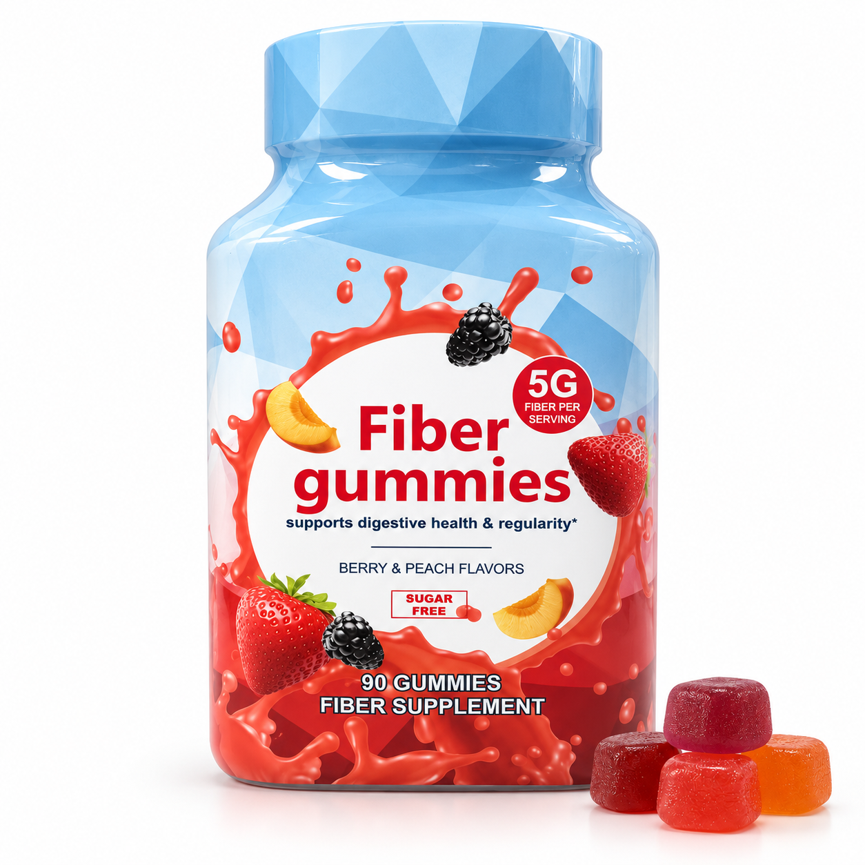 DUO SEVEN Fiber Gummies | 5g Fiber per Serving, Sugar-Free, Berry & Peach Flavor, 90 Gummies