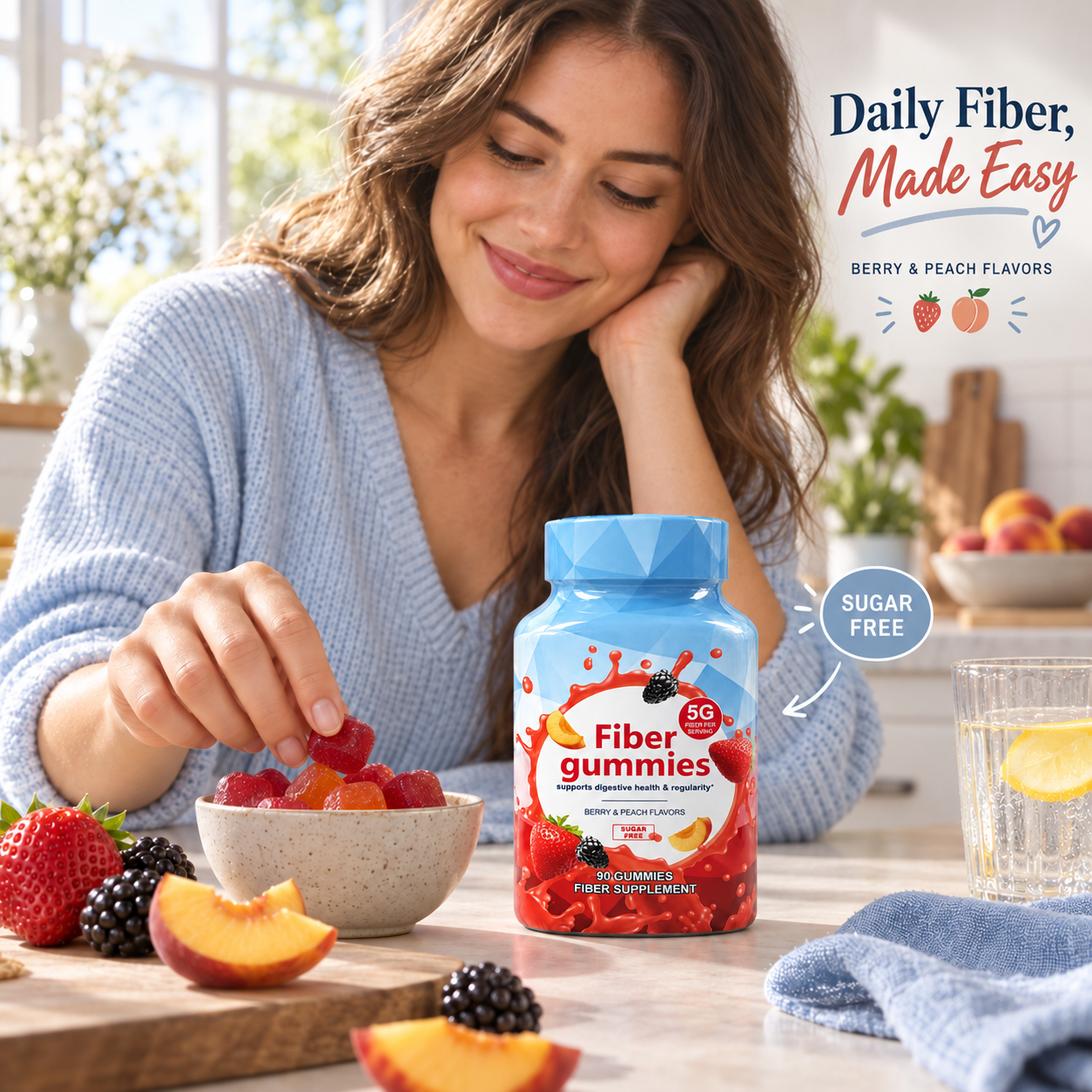 DUO SEVEN Fiber Gummies | 5g Fiber per Serving, Sugar-Free, Berry & Peach Flavor, 90 Gummies