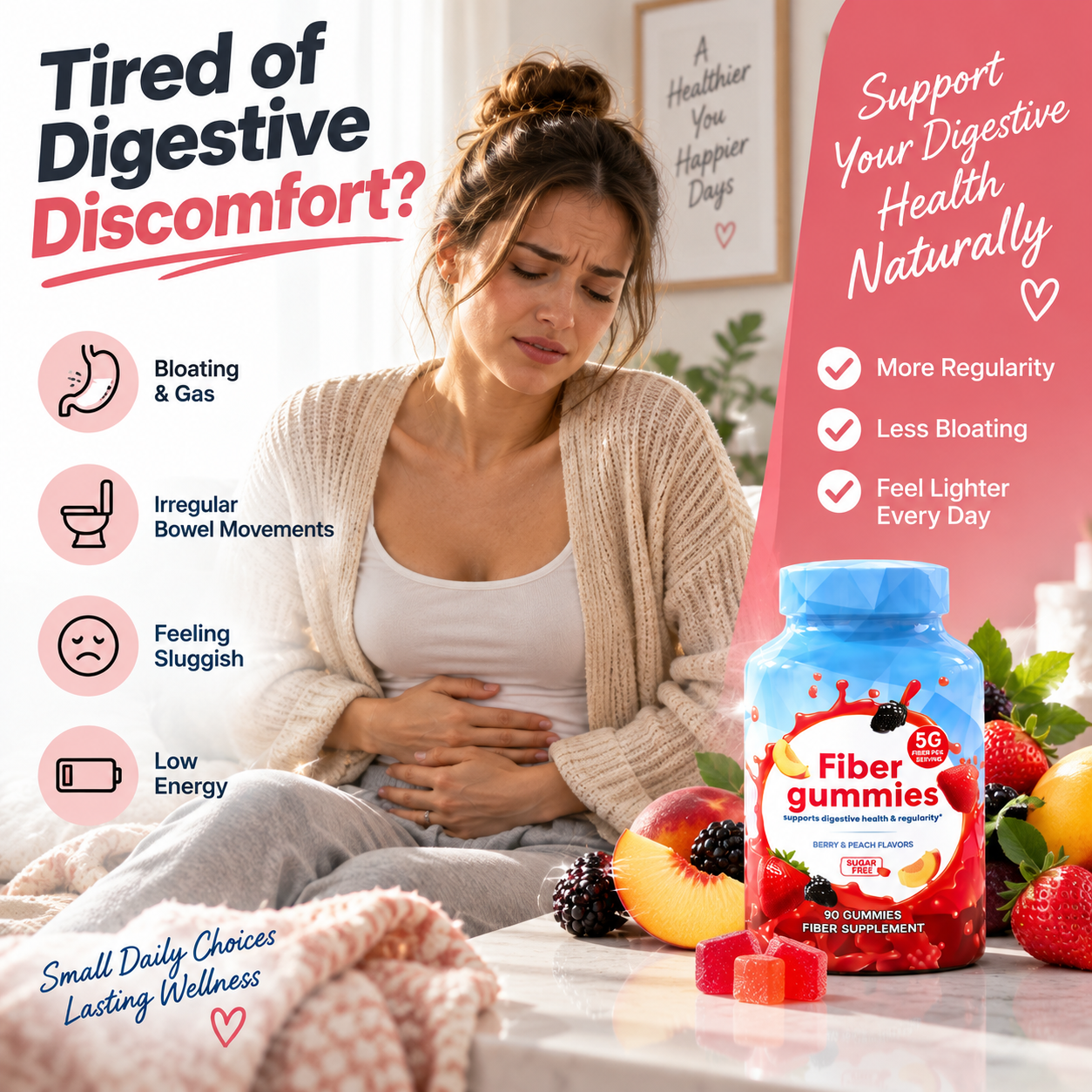 DUO SEVEN Fiber Gummies | 5g Fiber per Serving, Sugar-Free, Berry & Peach Flavor, 90 Gummies