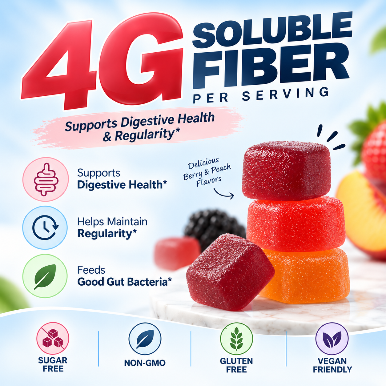 DUO SEVEN Fiber Gummies | 5g Fiber per Serving, Sugar-Free, Berry & Peach Flavor, 90 Gummies