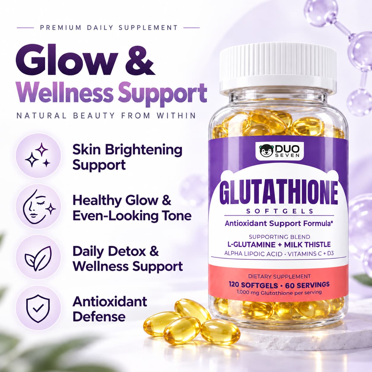 DUO SEVEN Glow Defense Glutathione 1000 mg Softgels | Antioxidant & Radiance Support
