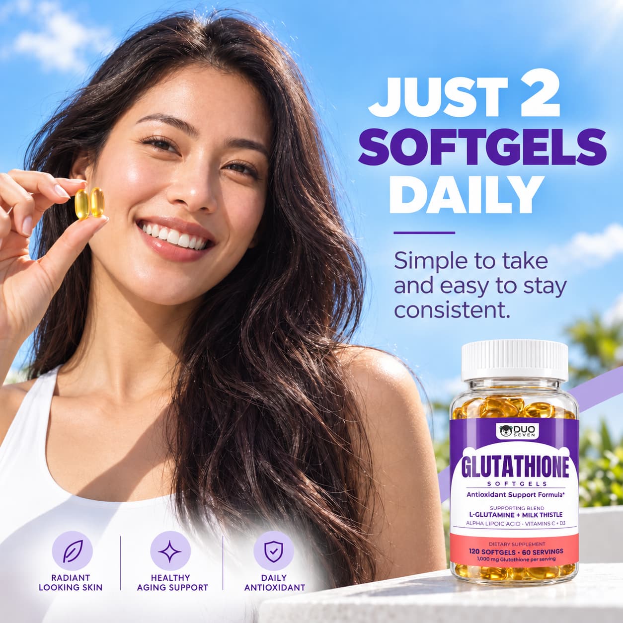 DUO SEVEN Glow Defense Glutathione 1000 mg Softgels | Antioxidant & Radiance Support